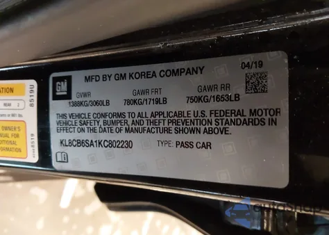 2019 Chevrolet Spark Ls Cvt из США, поврежденный, VIN KL8CB6SA1KC802230